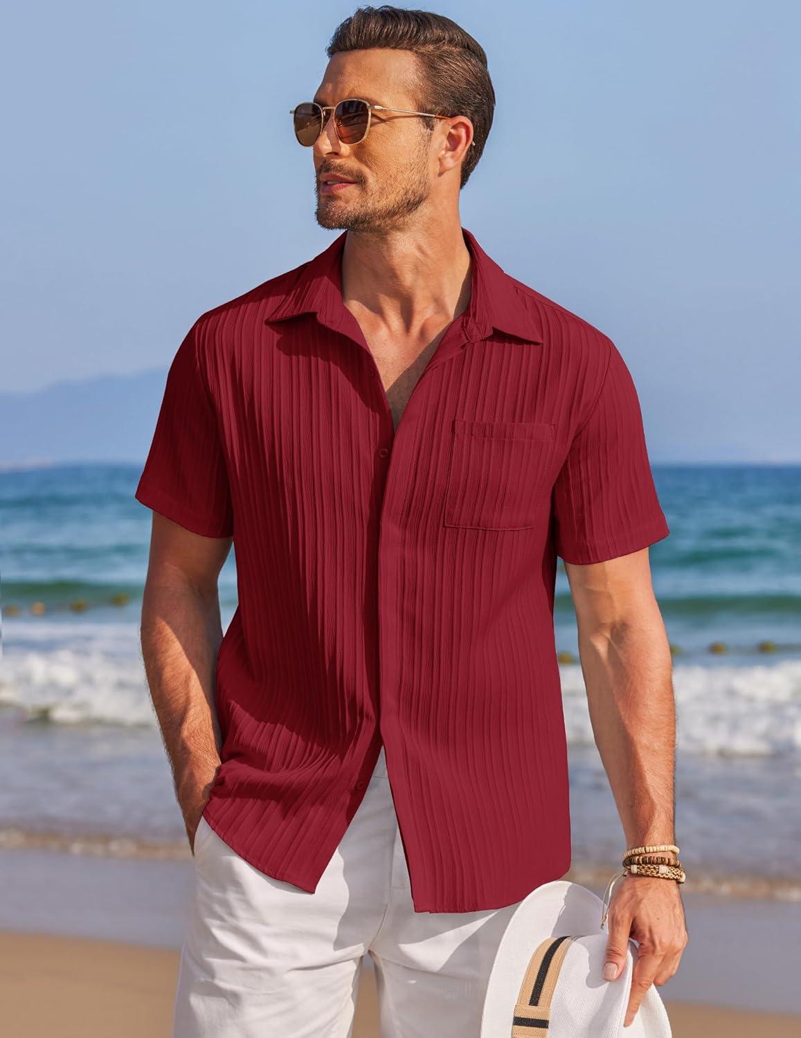 imageCOOFANDY Mens Casual Shirts Short Sleeve Button Down Shirts Fashion Textured Summer Beach ShirtWine Red