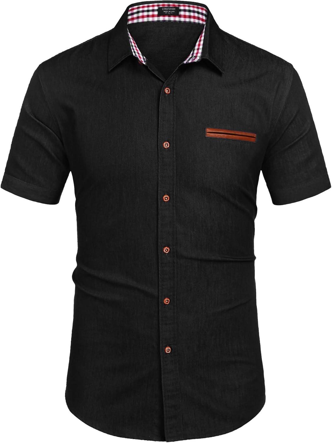 imageCOOFANDY Mens Casual Short Sleeve Button Down Dress Shirt Plaid Collar Denim Work ShirtsA Black No Pocket