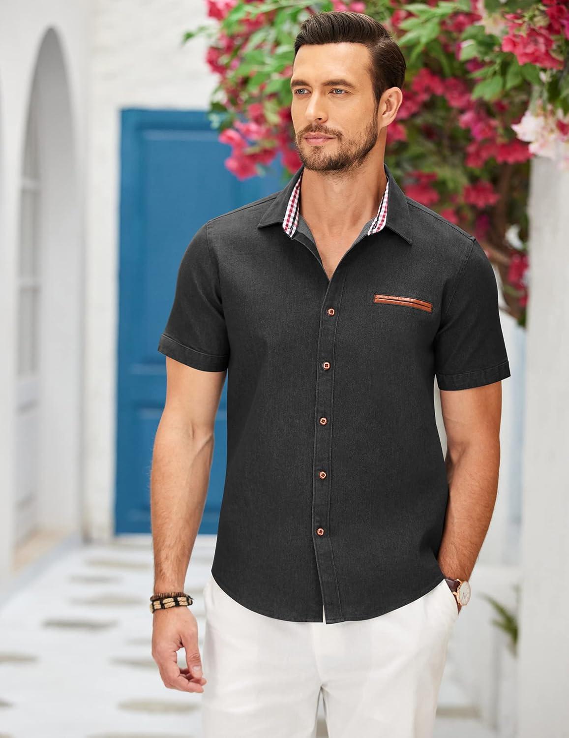 imageCOOFANDY Mens Casual Short Sleeve Button Down Dress Shirt Plaid Collar Denim Work ShirtsA Black No Pocket