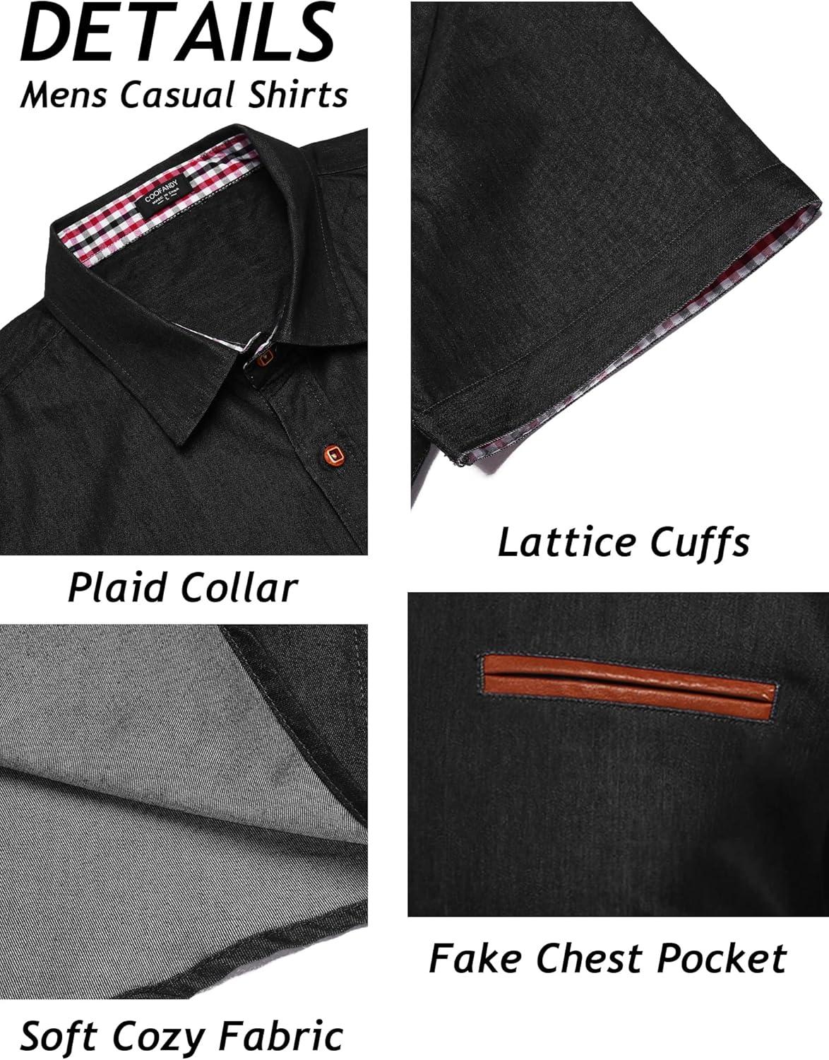 imageCOOFANDY Mens Casual Short Sleeve Button Down Dress Shirt Plaid Collar Denim Work ShirtsA Black No Pocket