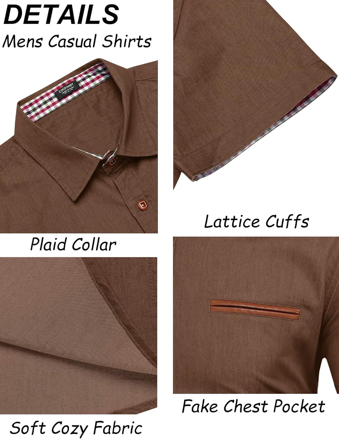 imageCOOFANDY Mens Casual Short Sleeve Button Down Dress Shirt Plaid Collar Denim Work ShirtsA Brown No Pocket