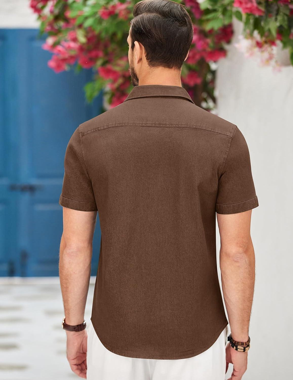 imageCOOFANDY Mens Casual Short Sleeve Button Down Dress Shirt Plaid Collar Denim Work ShirtsA Brown No Pocket