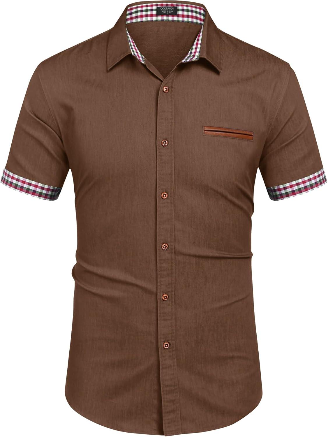imageCOOFANDY Mens Casual Short Sleeve Button Down Dress Shirt Plaid Collar Denim Work ShirtsA Brown No Pocket