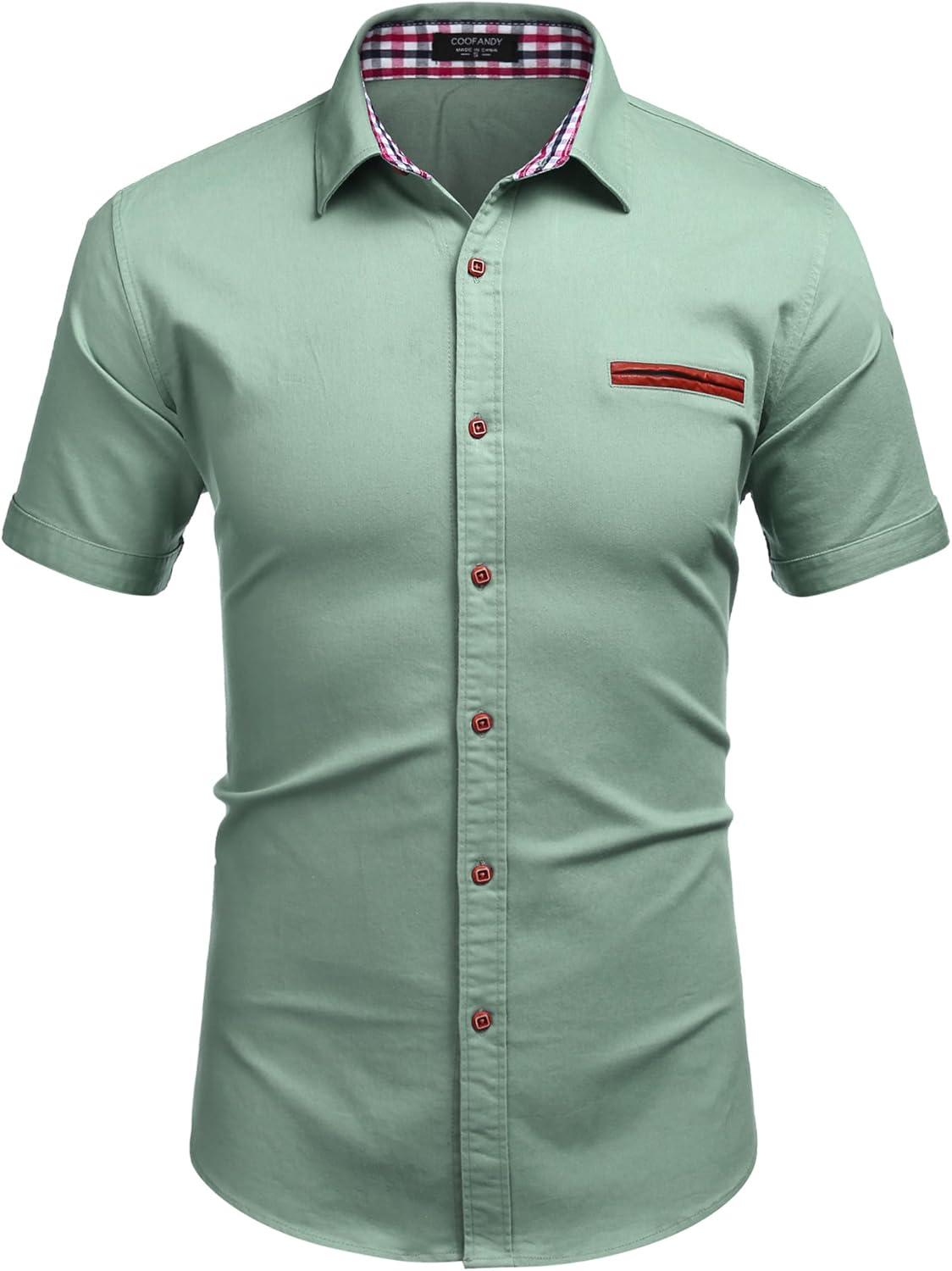 imageCOOFANDY Mens Casual Short Sleeve Button Down Dress Shirt Plaid Collar Denim Work ShirtsA Chambray No Pocket