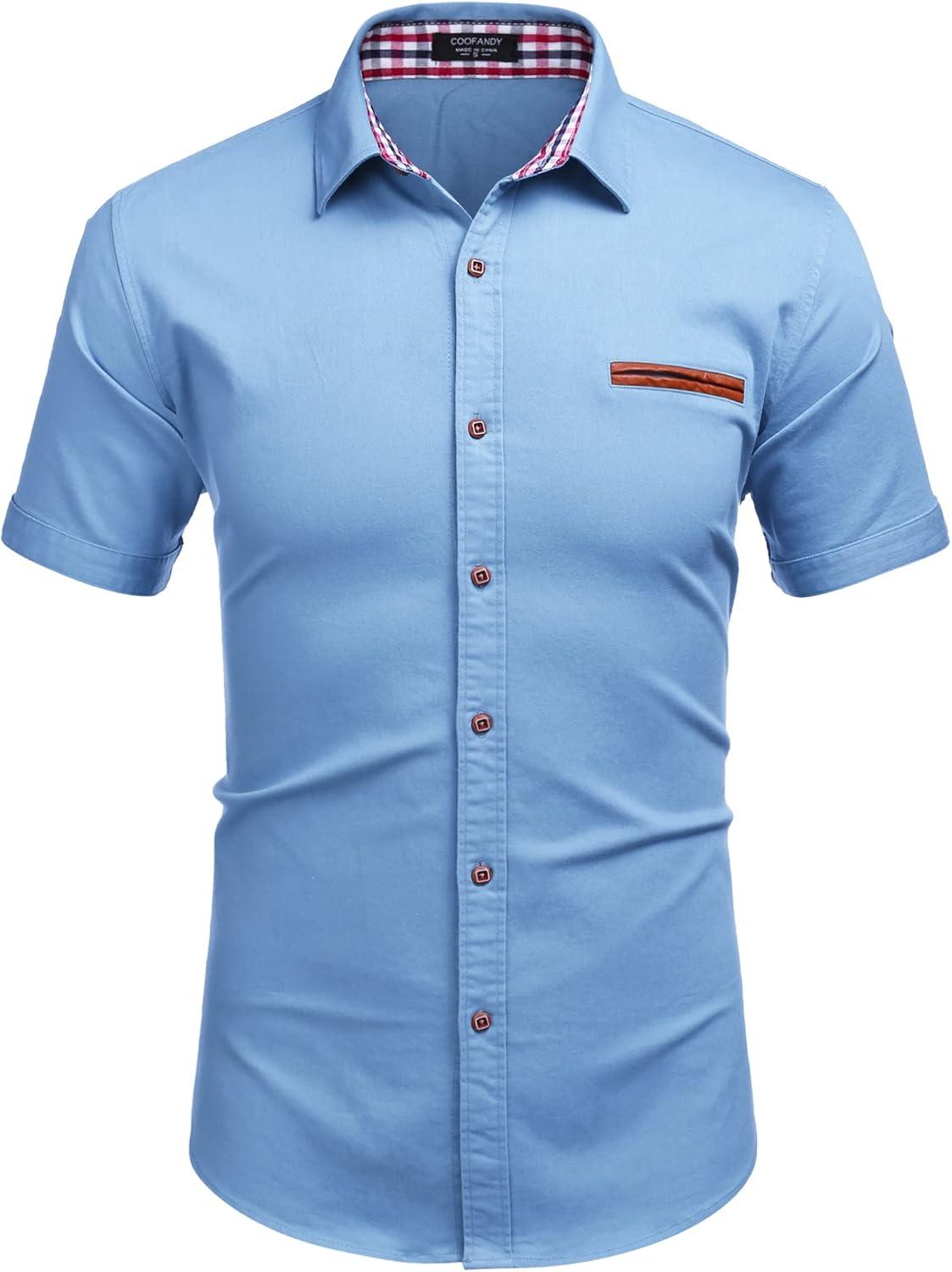 imageCOOFANDY Mens Casual Short Sleeve Button Down Dress Shirt Plaid Collar Denim Work ShirtsA Clear Blue No Pocket