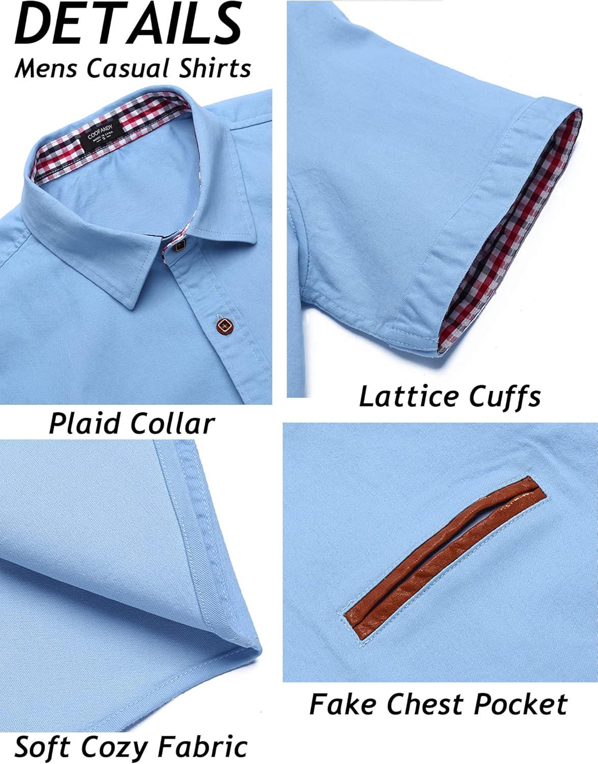 imageCOOFANDY Mens Casual Short Sleeve Button Down Dress Shirt Plaid Collar Denim Work ShirtsA Clear Blue No Pocket