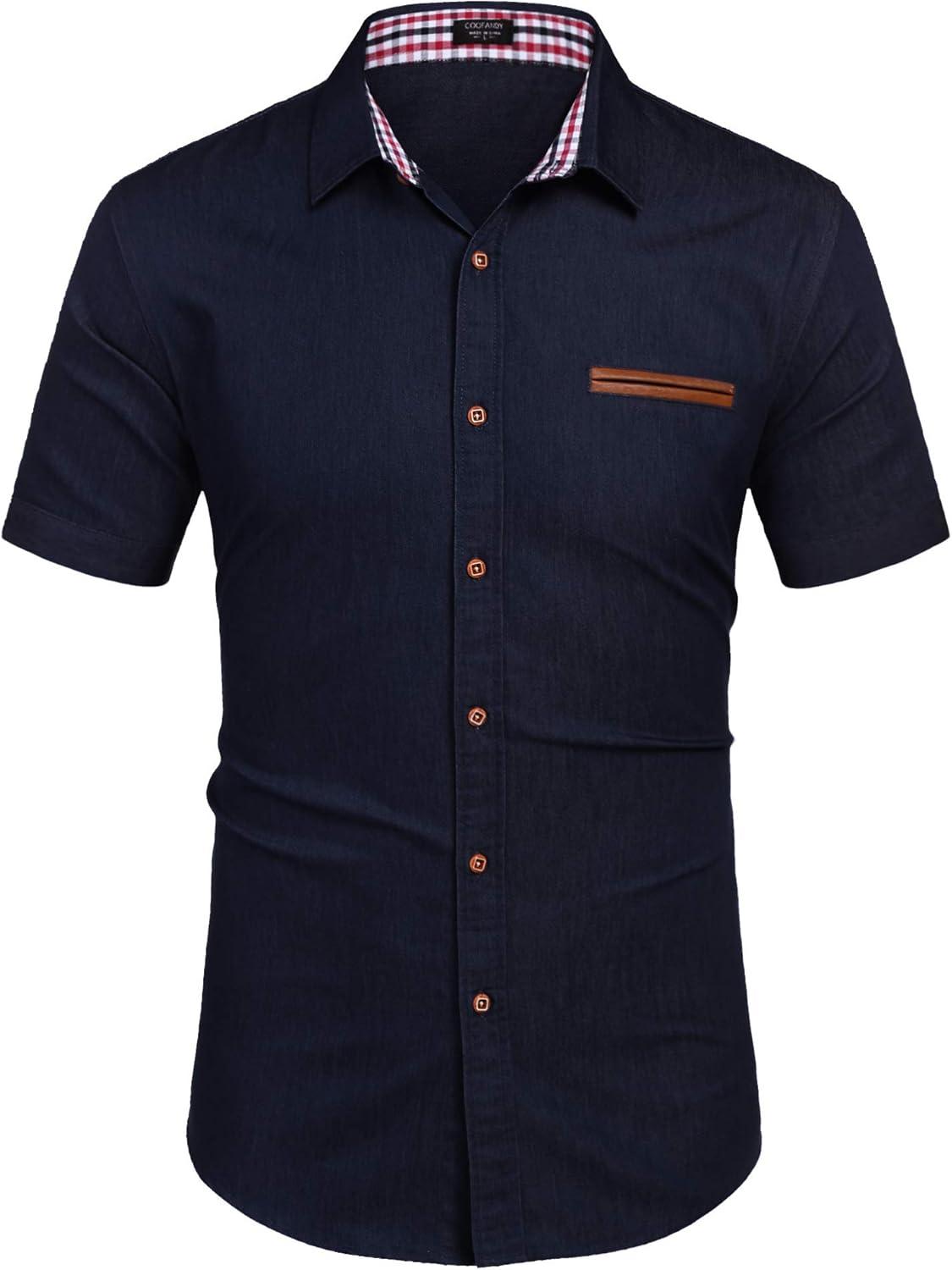 imageCOOFANDY Mens Casual Short Sleeve Button Down Dress Shirt Plaid Collar Denim Work ShirtsA Navy Blue No Pocket