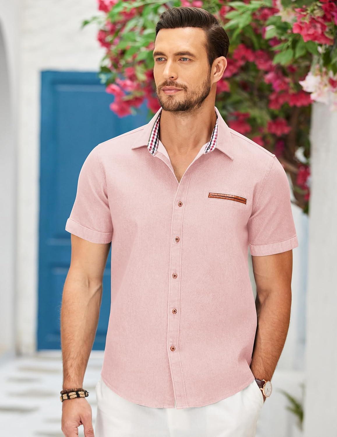 imageCOOFANDY Mens Casual Short Sleeve Button Down Dress Shirt Plaid Collar Denim Work ShirtsA Pink No Pocket