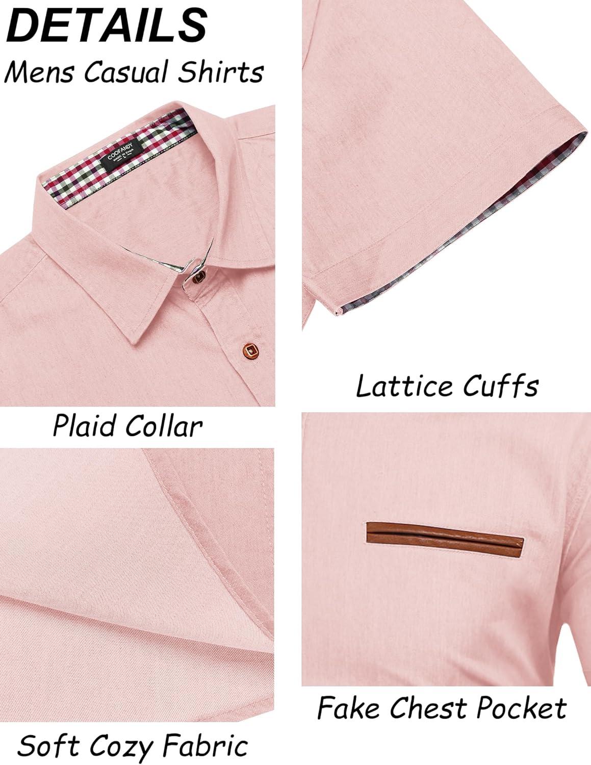 imageCOOFANDY Mens Casual Short Sleeve Button Down Dress Shirt Plaid Collar Denim Work ShirtsA Pink No Pocket