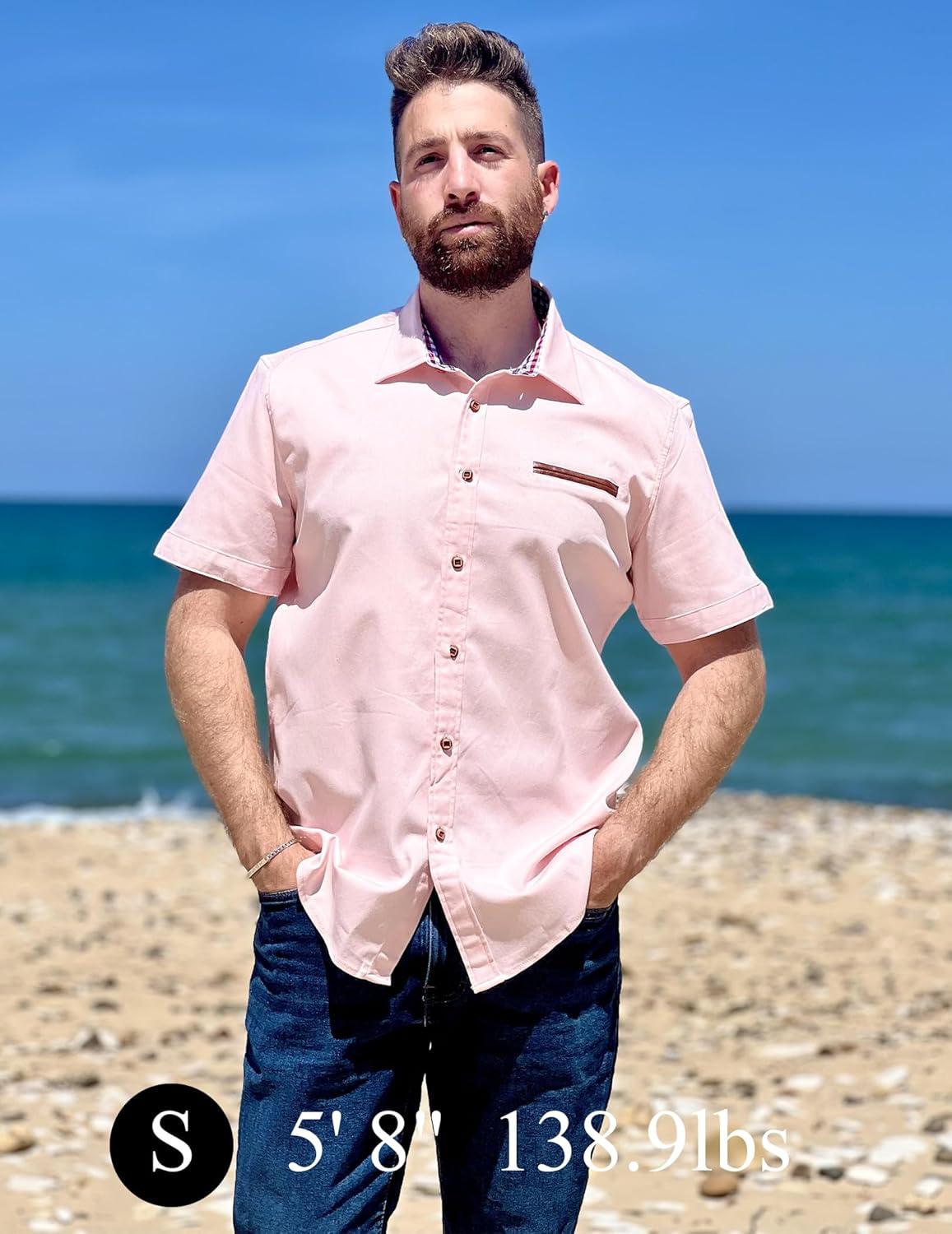 imageCOOFANDY Mens Casual Short Sleeve Button Down Dress Shirt Plaid Collar Denim Work ShirtsA Pink No Pocket