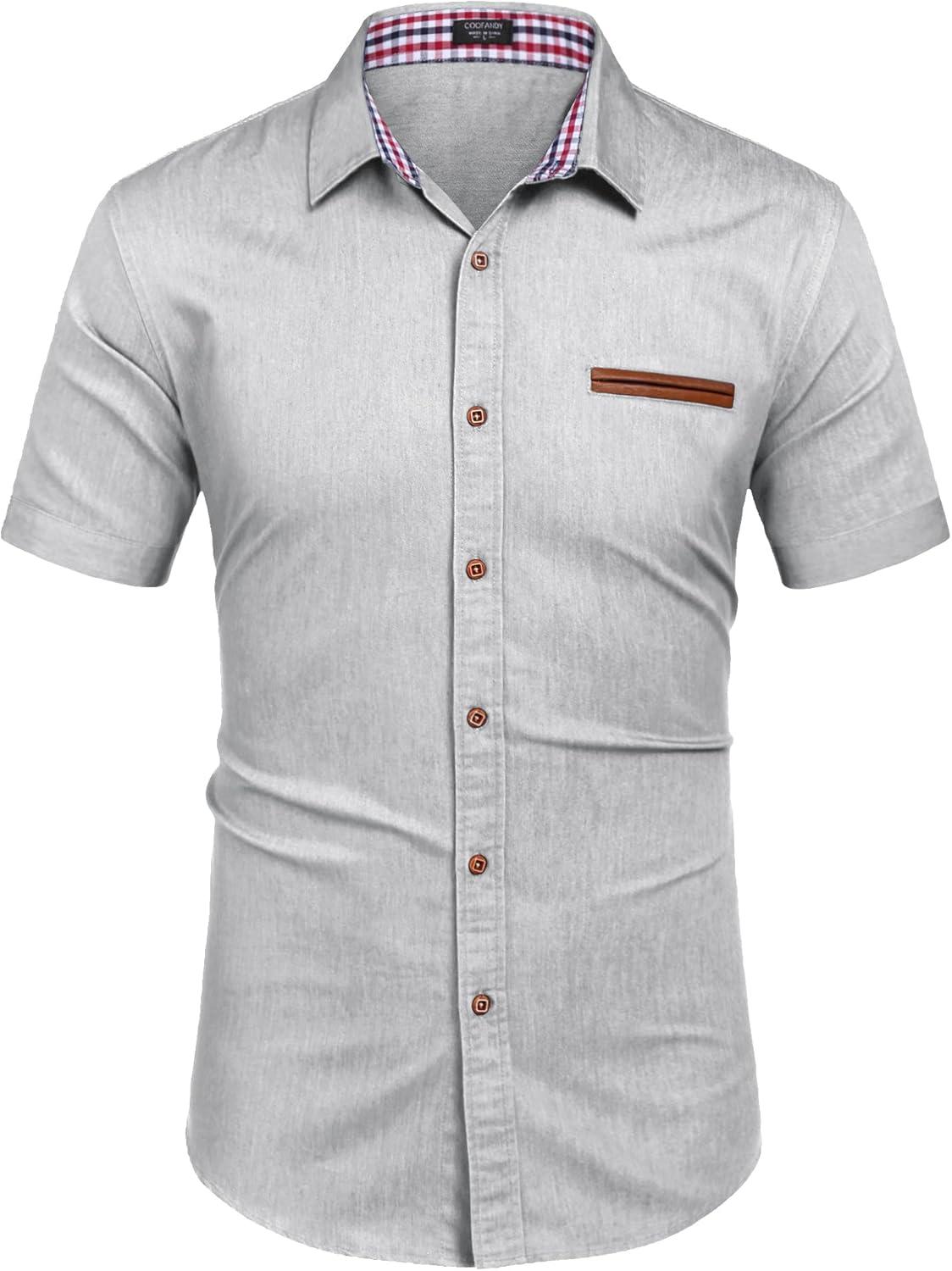 imageCOOFANDY Mens Casual Short Sleeve Button Down Dress Shirt Plaid Collar Denim Work ShirtsA White No Pocket