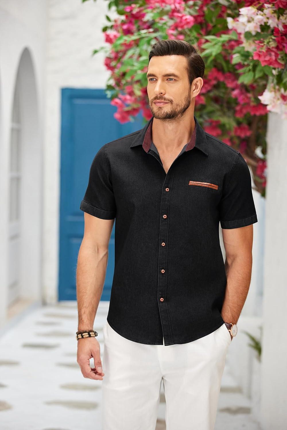 imageCOOFANDY Mens Casual Short Sleeve Button Down Dress Shirt Plaid Collar Denim Work ShirtsB Black No Pocket