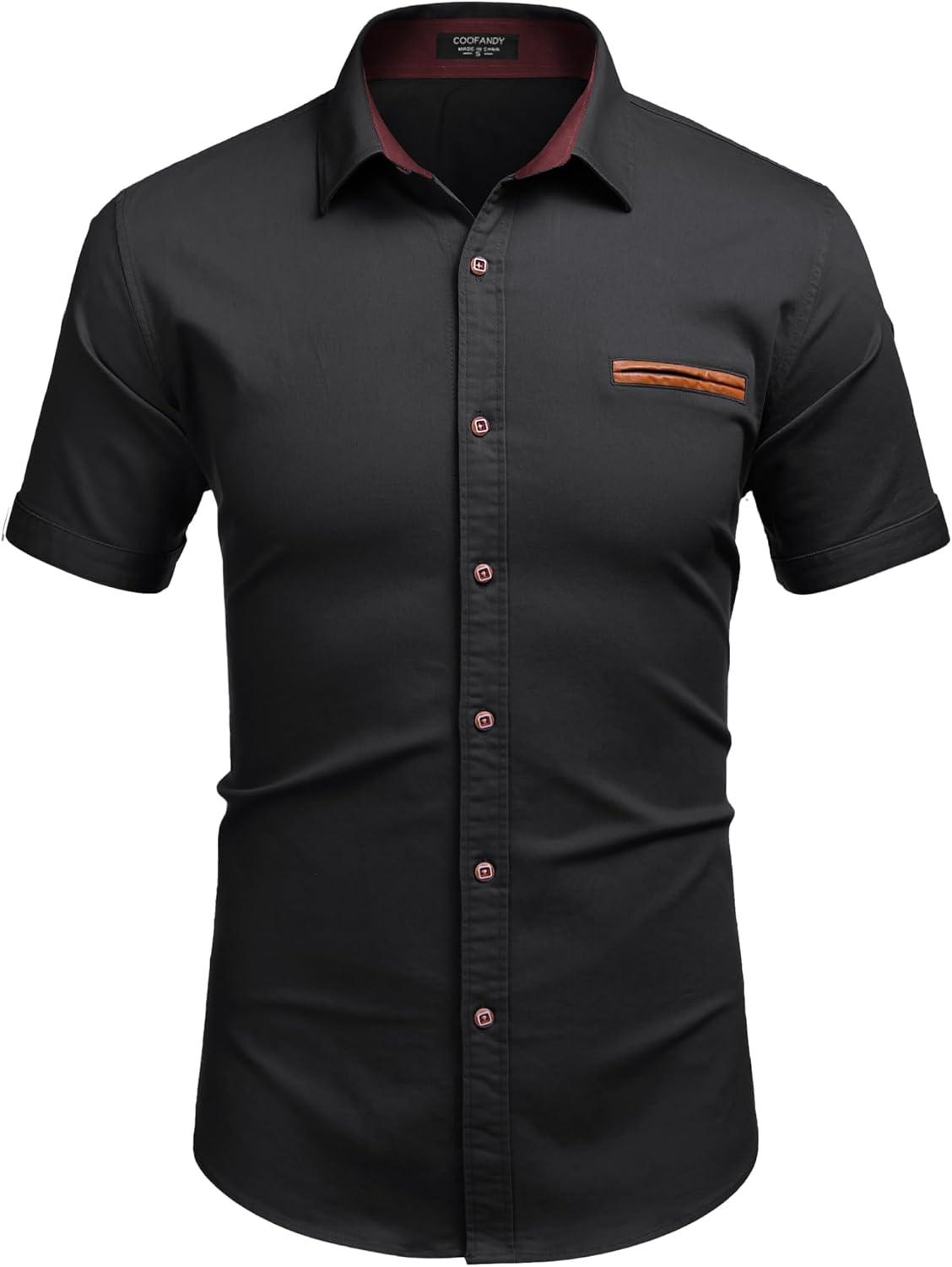 imageCOOFANDY Mens Casual Short Sleeve Button Down Dress Shirt Plaid Collar Denim Work ShirtsB Black No Pocket