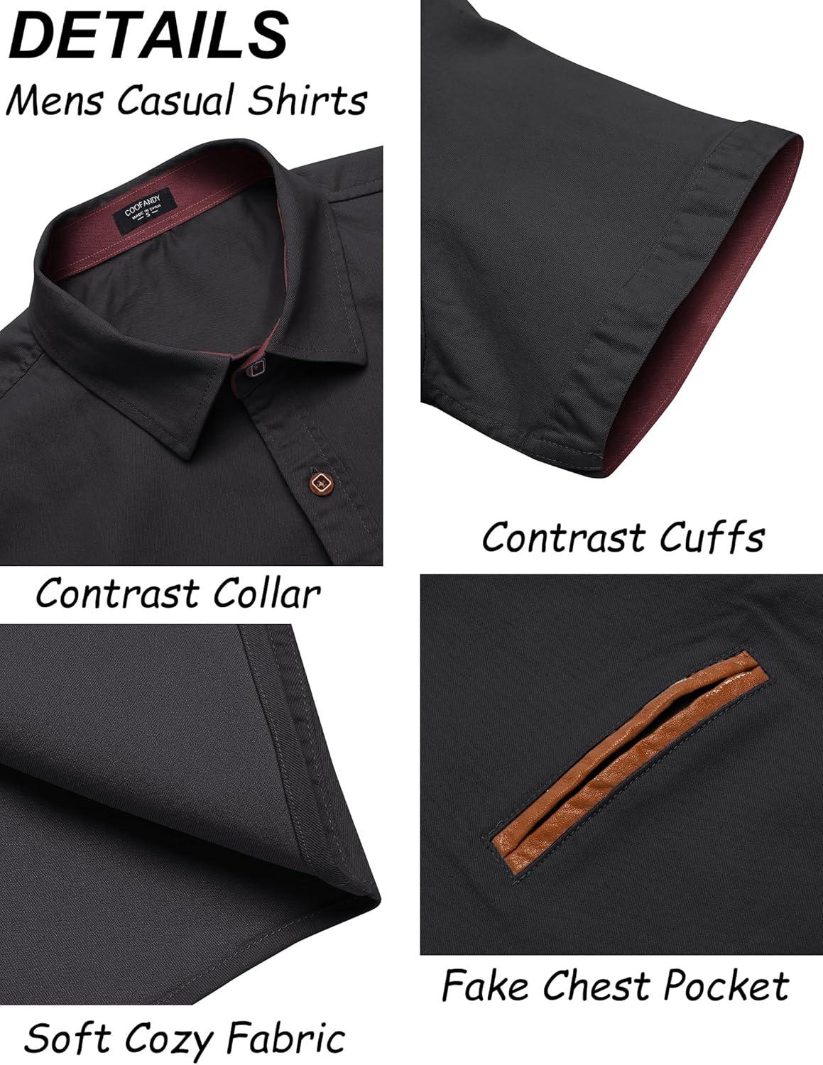 imageCOOFANDY Mens Casual Short Sleeve Button Down Dress Shirt Plaid Collar Denim Work ShirtsB Black No Pocket