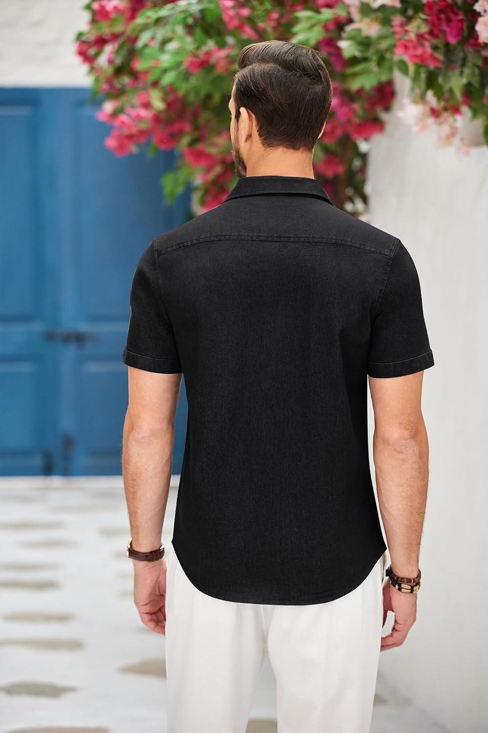 imageCOOFANDY Mens Casual Short Sleeve Button Down Dress Shirt Plaid Collar Denim Work ShirtsB Black No Pocket