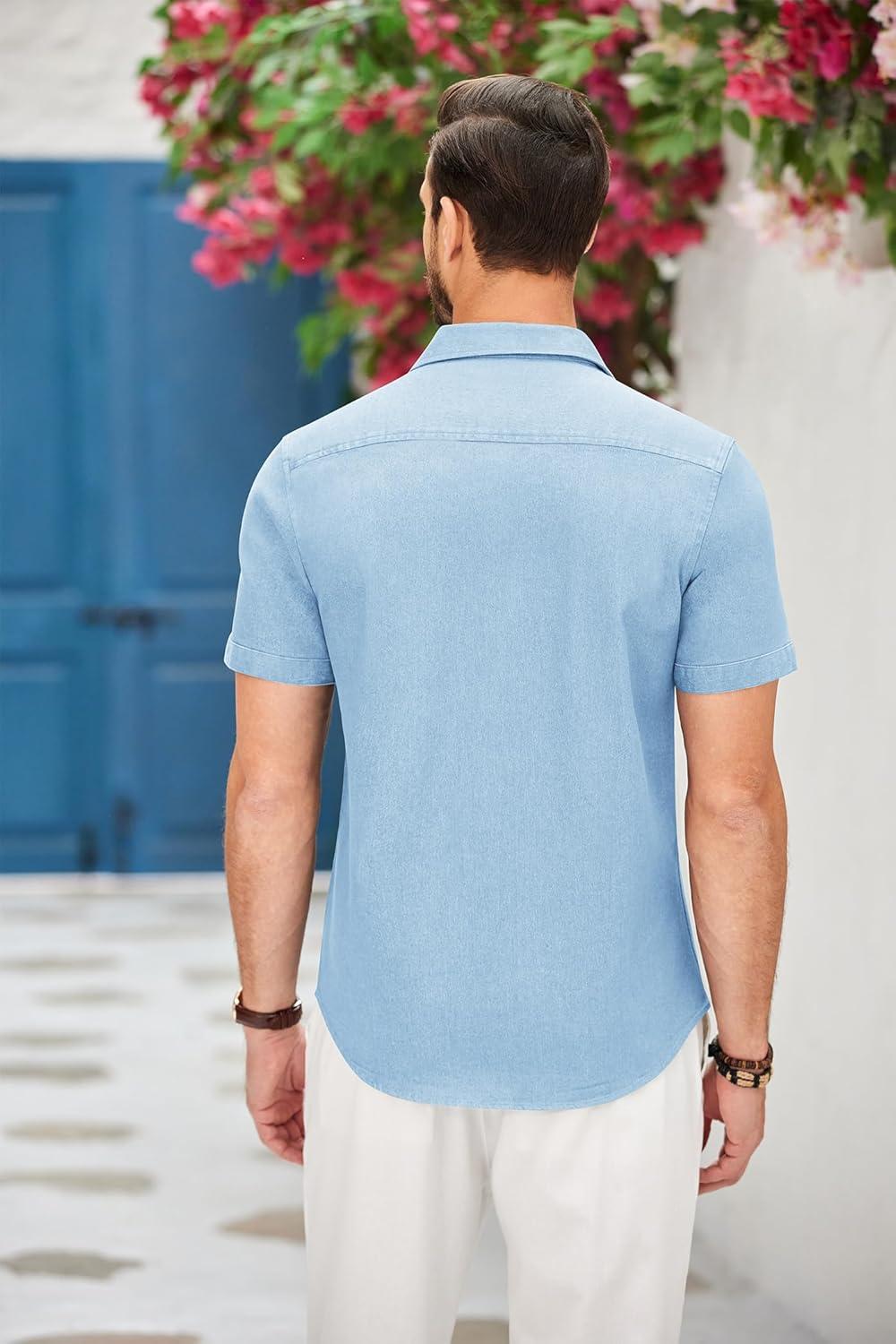 imageCOOFANDY Mens Casual Short Sleeve Button Down Dress Shirt Plaid Collar Denim Work ShirtsB Clear Blue No Pocket