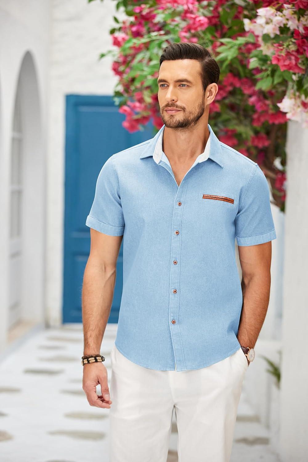 imageCOOFANDY Mens Casual Short Sleeve Button Down Dress Shirt Plaid Collar Denim Work ShirtsB Clear Blue No Pocket