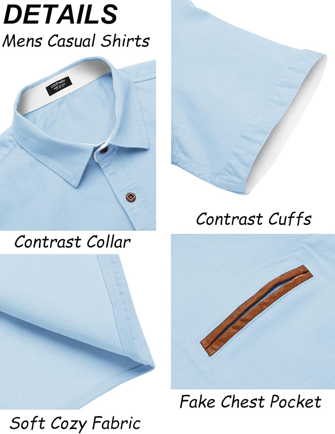 imageCOOFANDY Mens Casual Short Sleeve Button Down Dress Shirt Plaid Collar Denim Work ShirtsB Clear Blue No Pocket