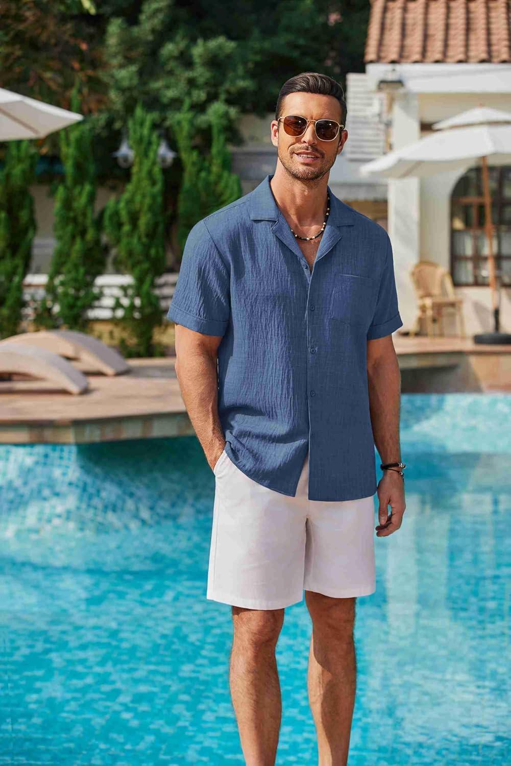 imageCOOFANDY Mens Casual Short Sleeve Button Down Shirts Cuban Linen Textured Shirt Summer Beach WearDenim Blue