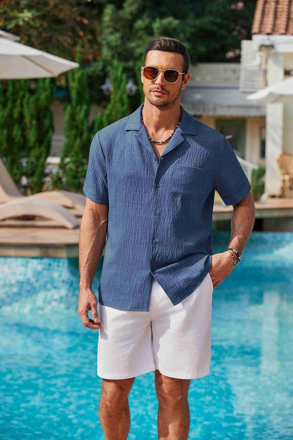 imageCOOFANDY Mens Casual Short Sleeve Button Down Shirts Cuban Linen Textured Shirt Summer Beach WearDenim Blue