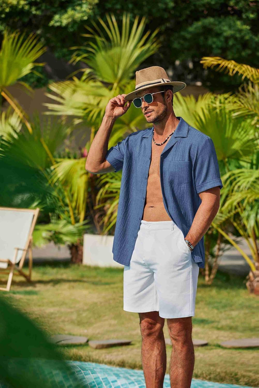 imageCOOFANDY Mens Casual Short Sleeve Button Down Shirts Cuban Linen Textured Shirt Summer Beach WearDenim Blue