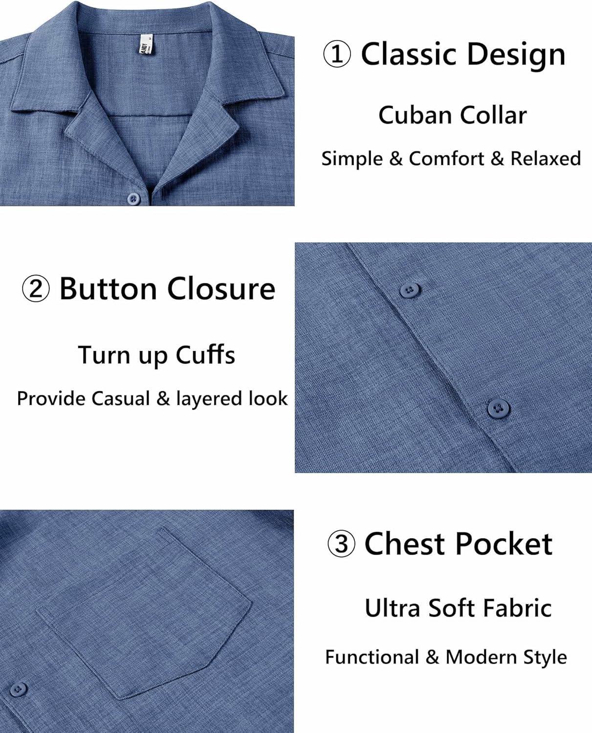 imageCOOFANDY Mens Casual Short Sleeve Button Down Shirts Cuban Linen Textured Shirt Summer Beach WearDenim Blue