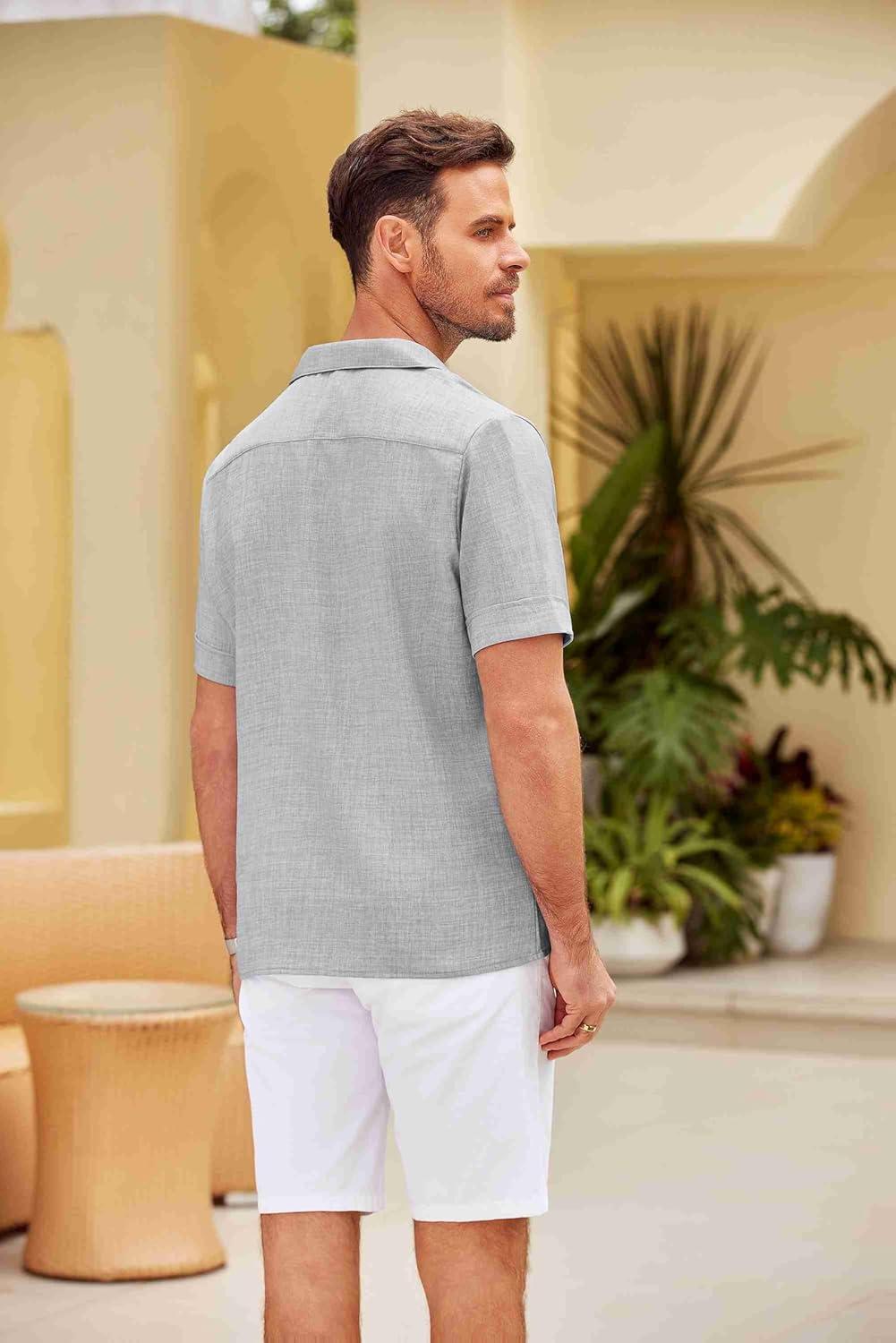 imageCOOFANDY Mens Casual Short Sleeve Button Down Shirts Cuban Linen Textured Shirt Summer Beach WearLight Gray