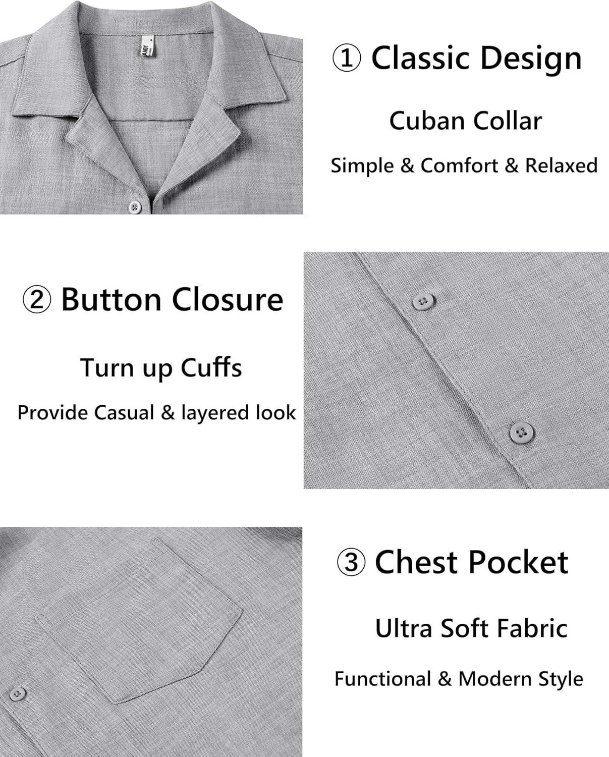 imageCOOFANDY Mens Casual Short Sleeve Button Down Shirts Cuban Linen Textured Shirt Summer Beach WearLight Gray