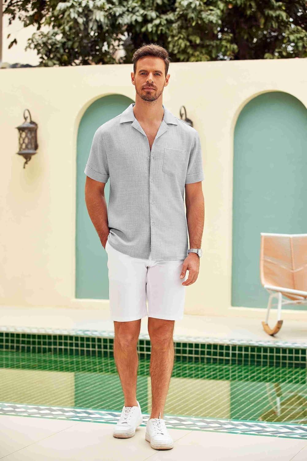 imageCOOFANDY Mens Casual Short Sleeve Button Down Shirts Cuban Linen Textured Shirt Summer Beach WearLight Gray