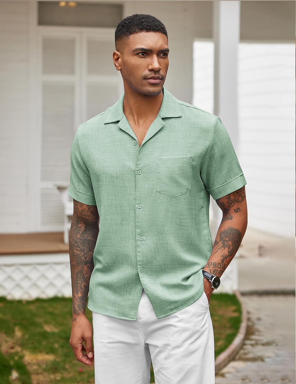 imageCOOFANDY Mens Casual Short Sleeve Button Down Shirts Cuban Linen Textured Shirt Summer Beach WearSage Green