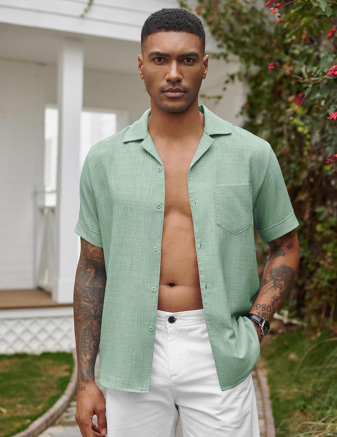 imageCOOFANDY Mens Casual Short Sleeve Button Down Shirts Cuban Linen Textured Shirt Summer Beach WearSage Green