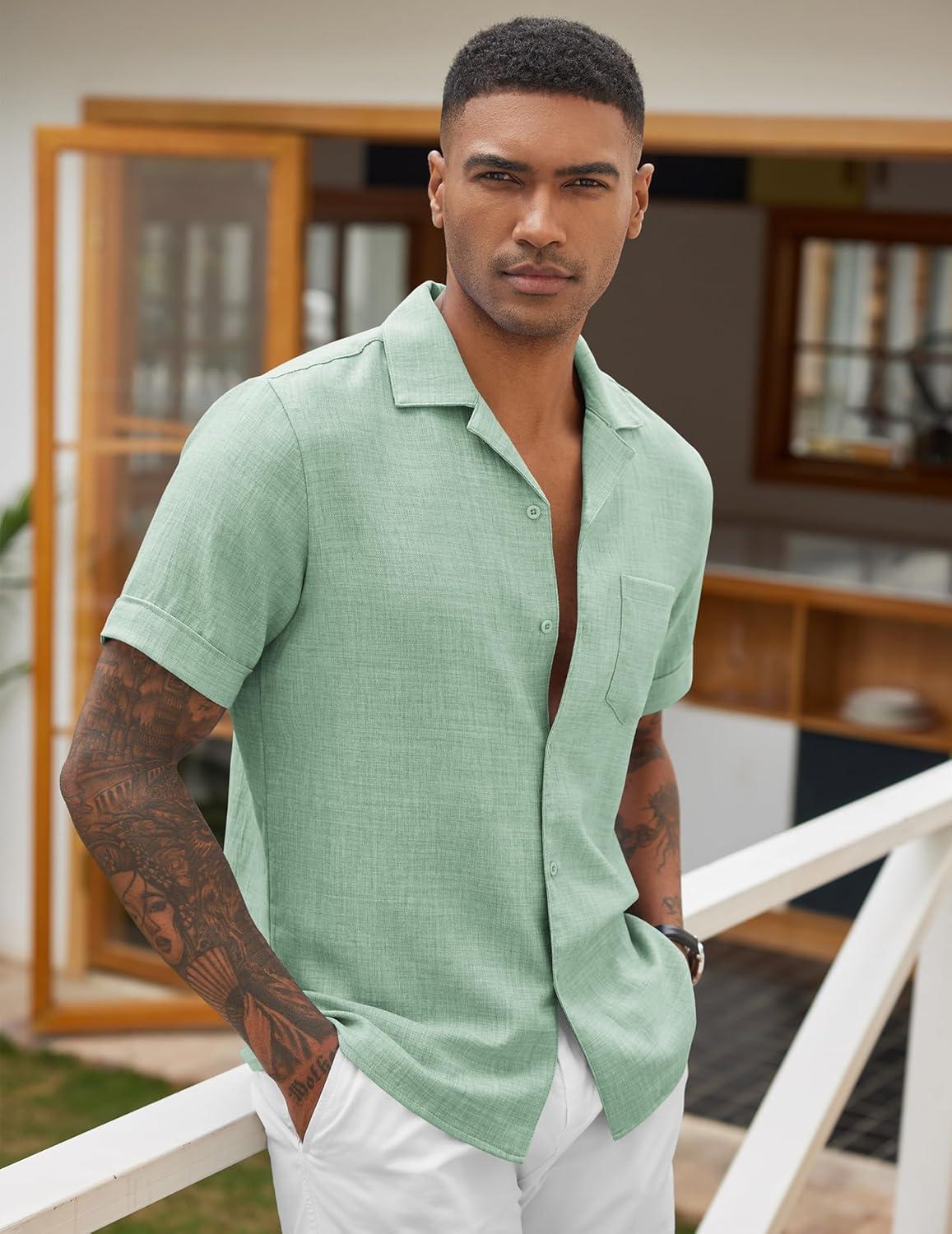 imageCOOFANDY Mens Casual Short Sleeve Button Down Shirts Cuban Linen Textured Shirt Summer Beach WearSage Green