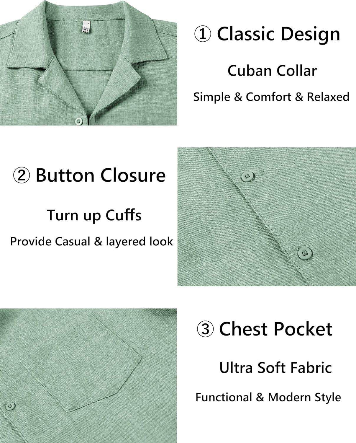 imageCOOFANDY Mens Casual Short Sleeve Button Down Shirts Cuban Linen Textured Shirt Summer Beach WearSage Green