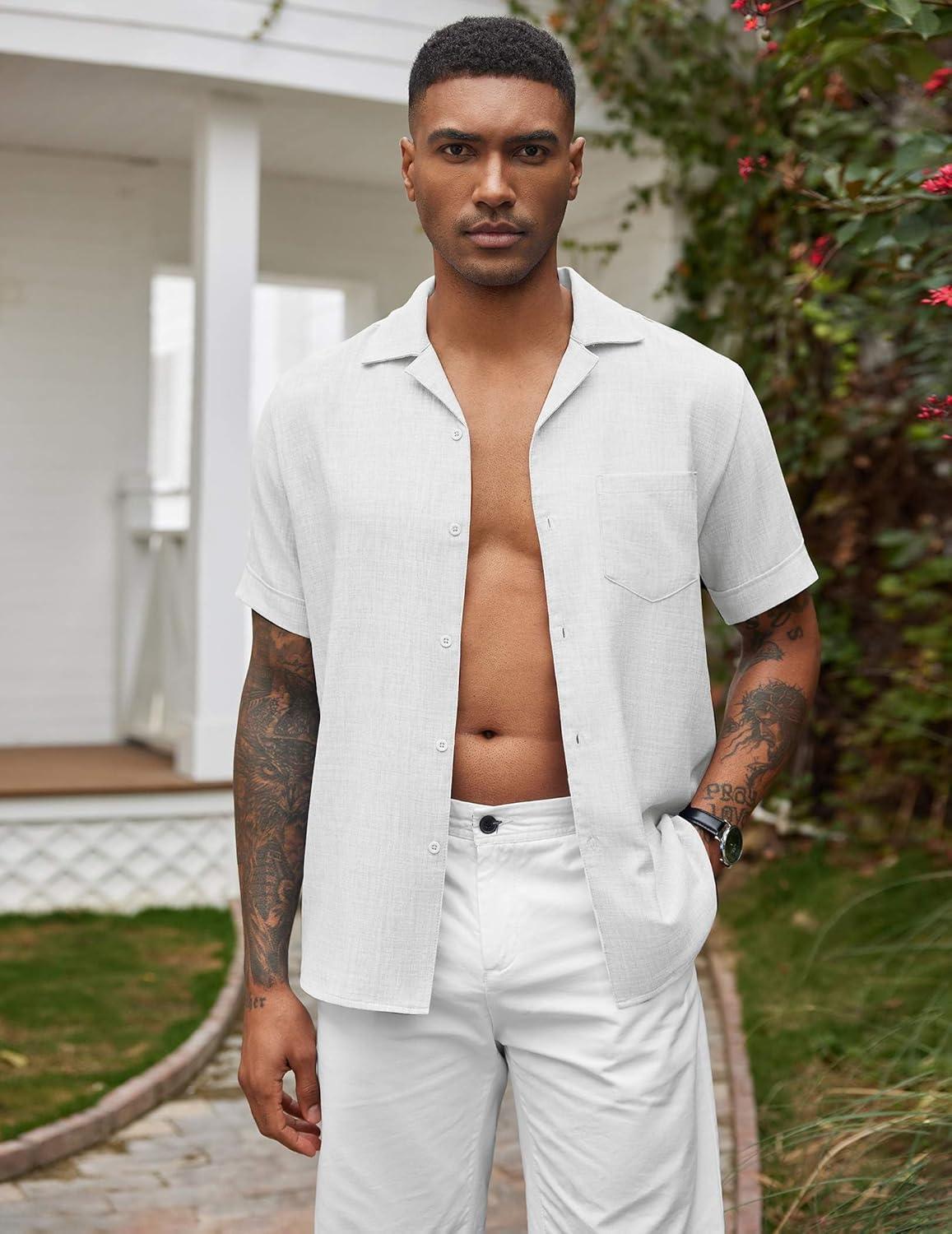 imageCOOFANDY Mens Casual Short Sleeve Button Down Shirts Cuban Linen Textured Shirt Summer Beach WearWhite