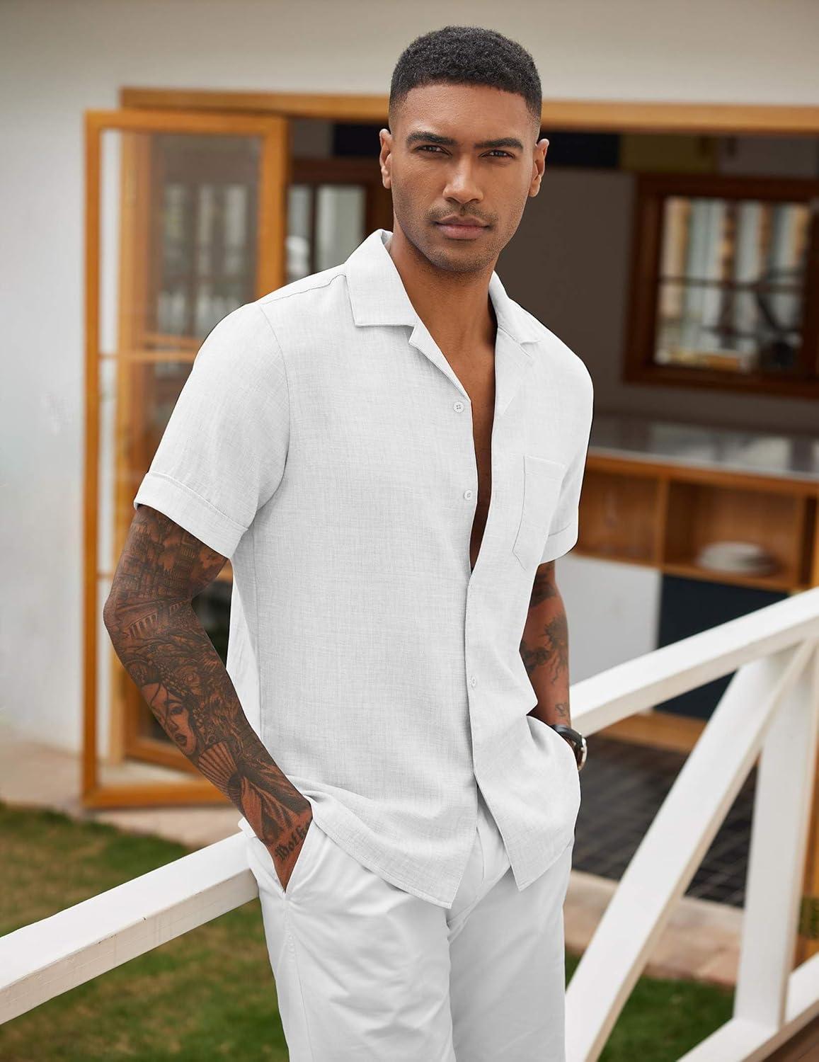 imageCOOFANDY Mens Casual Short Sleeve Button Down Shirts Cuban Linen Textured Shirt Summer Beach WearWhite