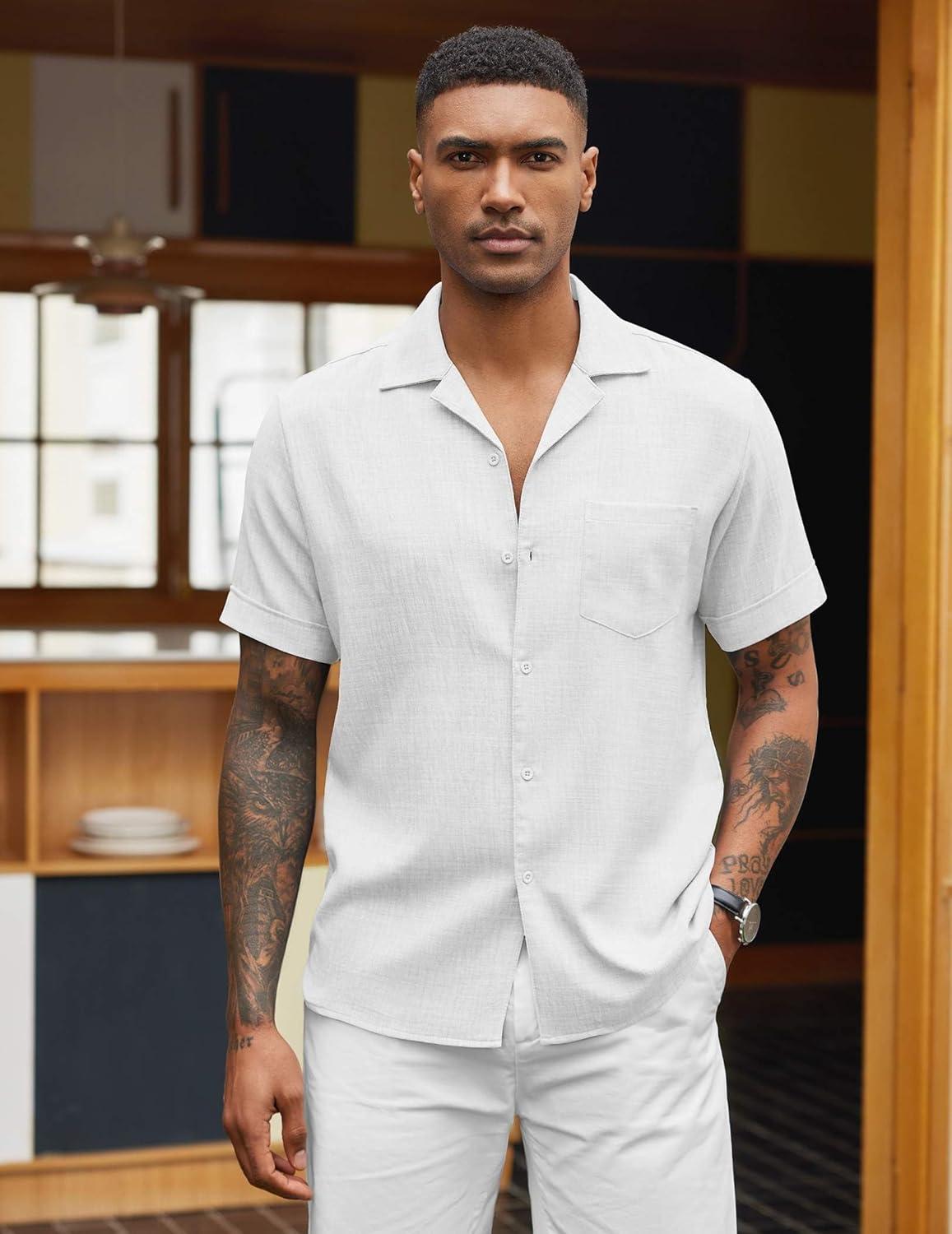 imageCOOFANDY Mens Casual Short Sleeve Button Down Shirts Cuban Linen Textured Shirt Summer Beach WearWhite