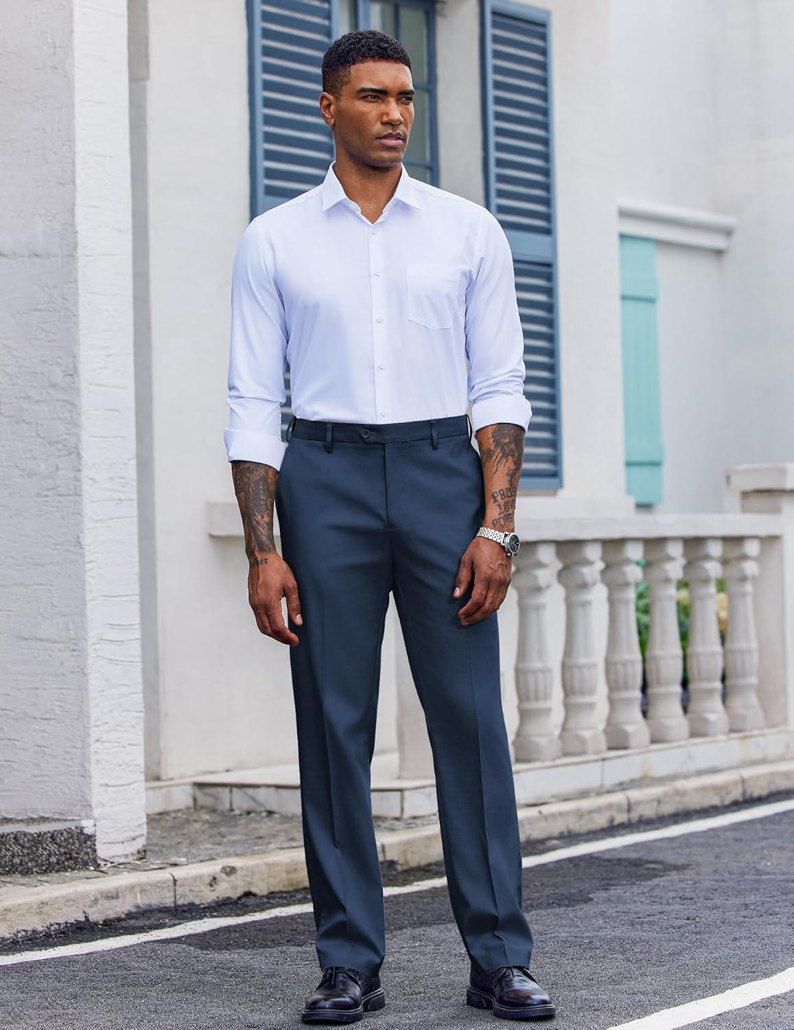 imageCOOFANDY Mens Classic Fit Dress Pants Flat Front Straight Casual Pant Expandable Waist Suit PantBlue