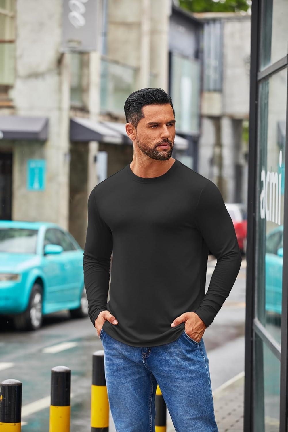 imageCOOFANDY Mens Crew Neck TShirt Long Sleeve Casual Pullover Tees Soft Stretch Basic Tee ShirtsAblack
