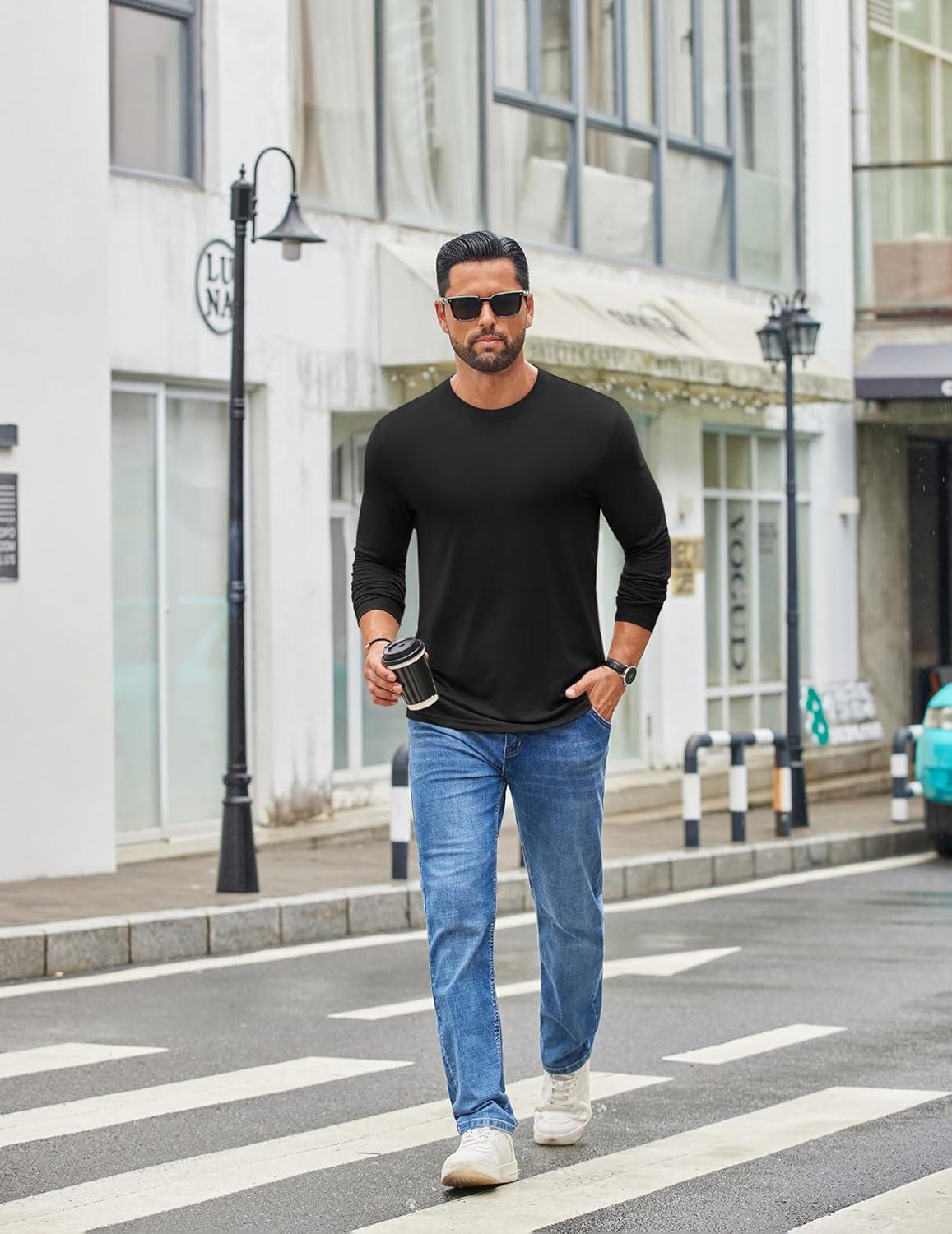 imageCOOFANDY Mens Crew Neck TShirt Long Sleeve Casual Pullover Tees Soft Stretch Basic Tee ShirtsAblack