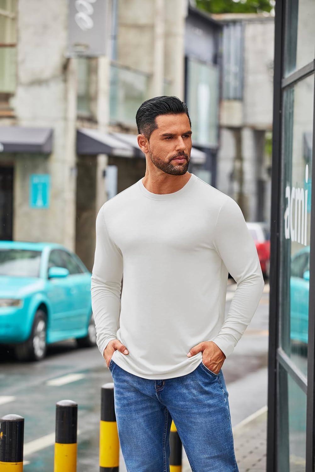 imageCOOFANDY Mens Crew Neck TShirt Long Sleeve Casual Pullover Tees Soft Stretch Basic Tee ShirtsAwhite