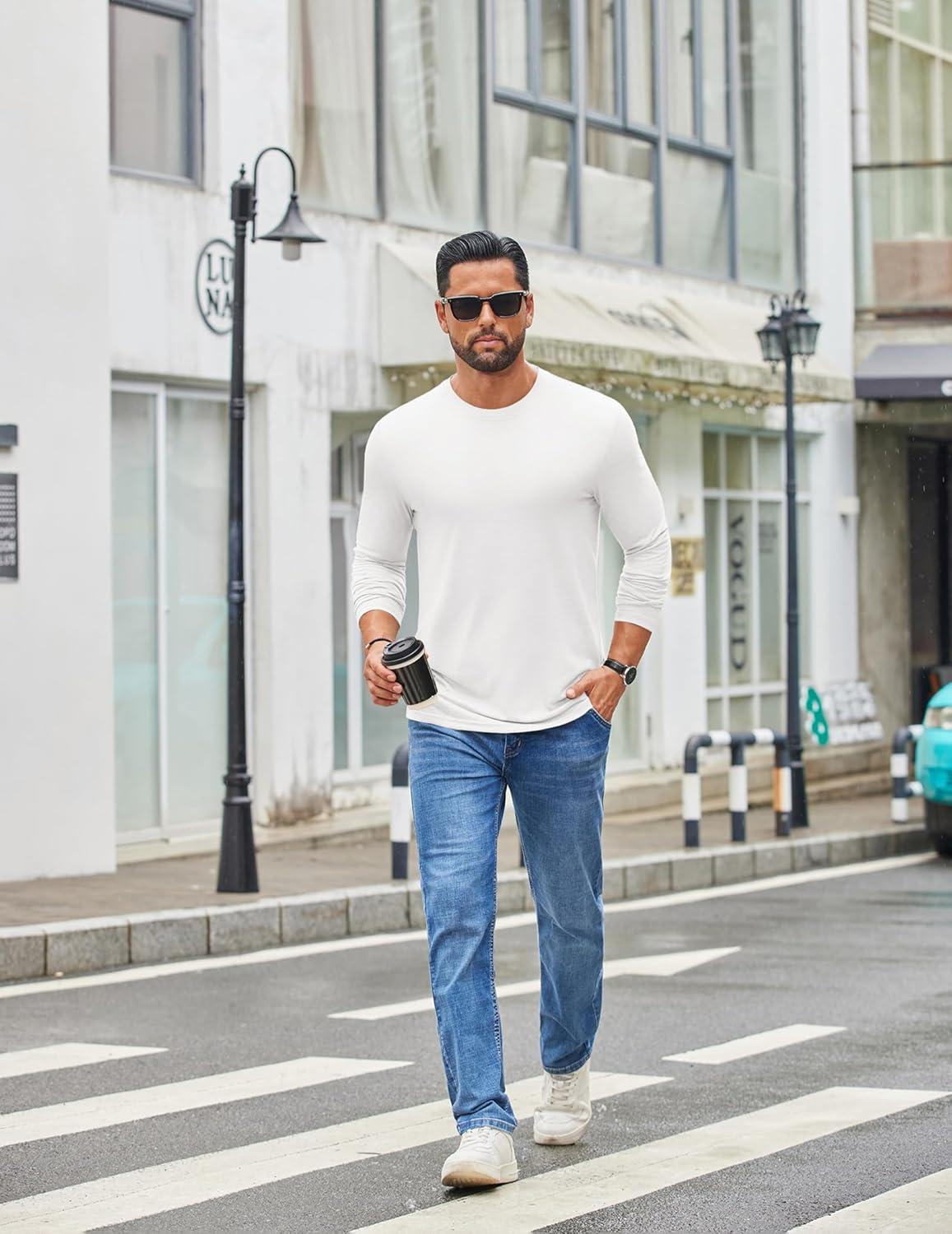 imageCOOFANDY Mens Crew Neck TShirt Long Sleeve Casual Pullover Tees Soft Stretch Basic Tee ShirtsAwhite