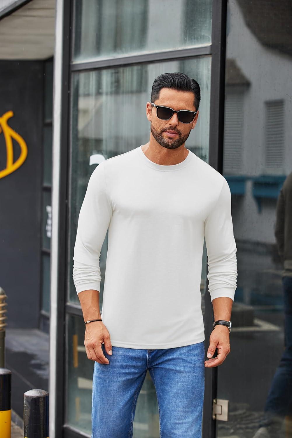 imageCOOFANDY Mens Crew Neck TShirt Long Sleeve Casual Pullover Tees Soft Stretch Basic Tee ShirtsAwhite