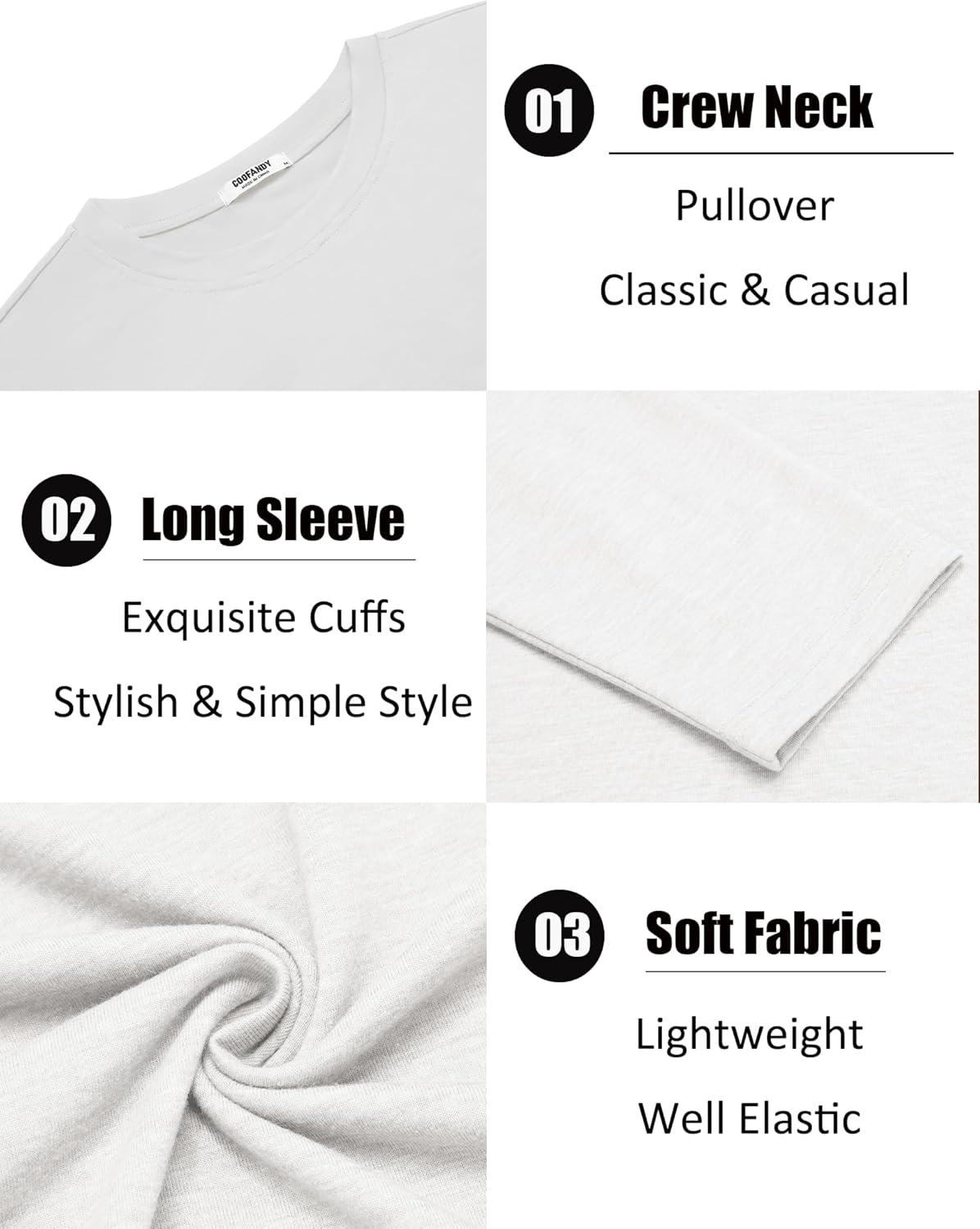imageCOOFANDY Mens Crew Neck TShirt Long Sleeve Casual Pullover Tees Soft Stretch Basic Tee ShirtsAwhite