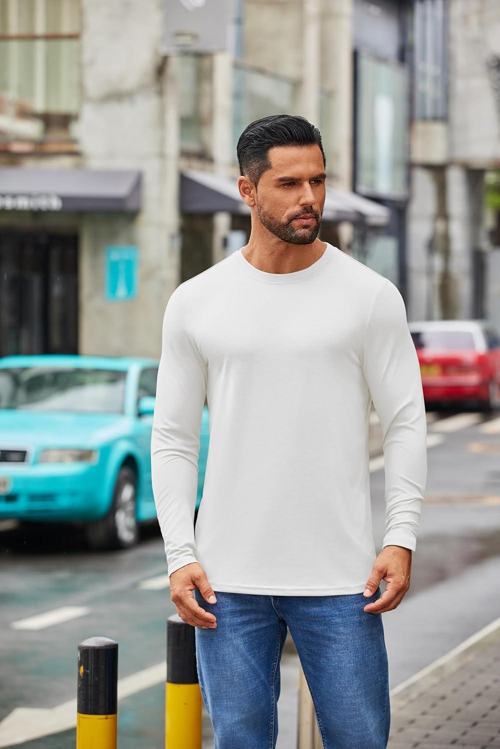 imageCOOFANDY Mens Crew Neck TShirt Long Sleeve Casual Pullover Tees Soft Stretch Basic Tee ShirtsAwhite