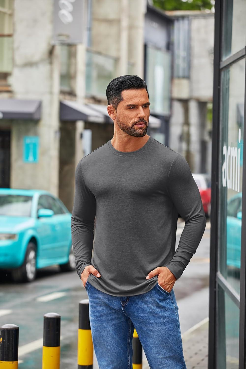 imageCOOFANDY Mens Crew Neck TShirt Long Sleeve Casual Pullover Tees Soft Stretch Basic Tee ShirtsDark Grey