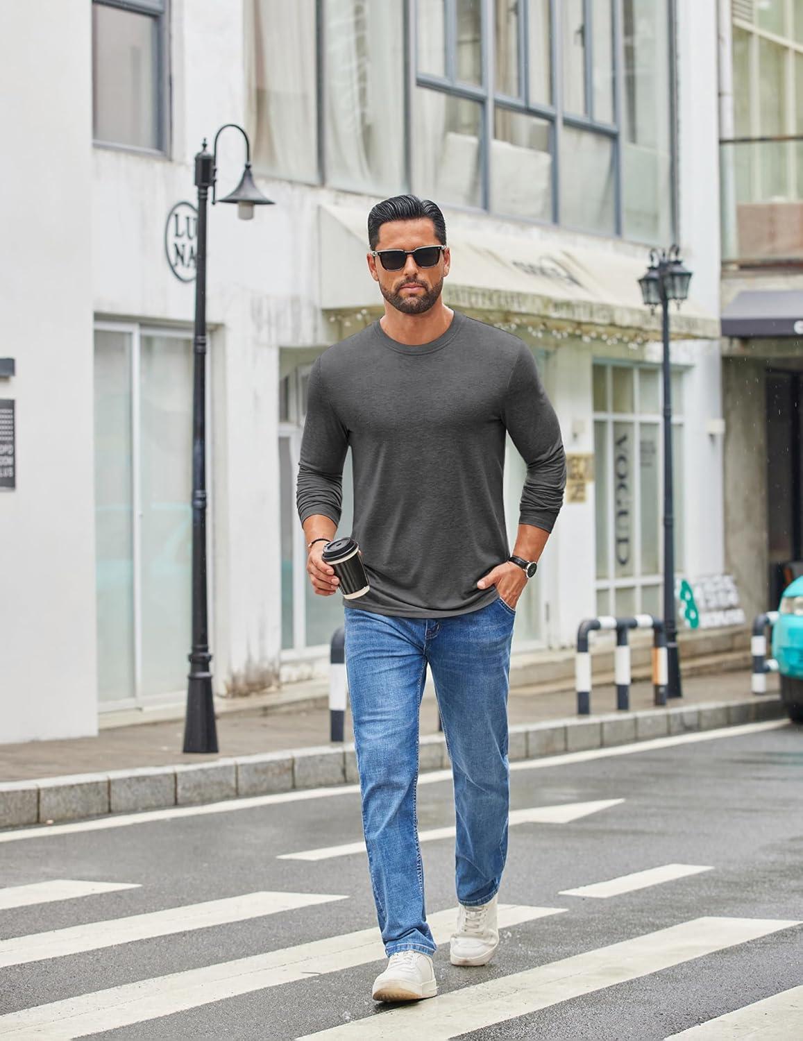 imageCOOFANDY Mens Crew Neck TShirt Long Sleeve Casual Pullover Tees Soft Stretch Basic Tee ShirtsDark Grey