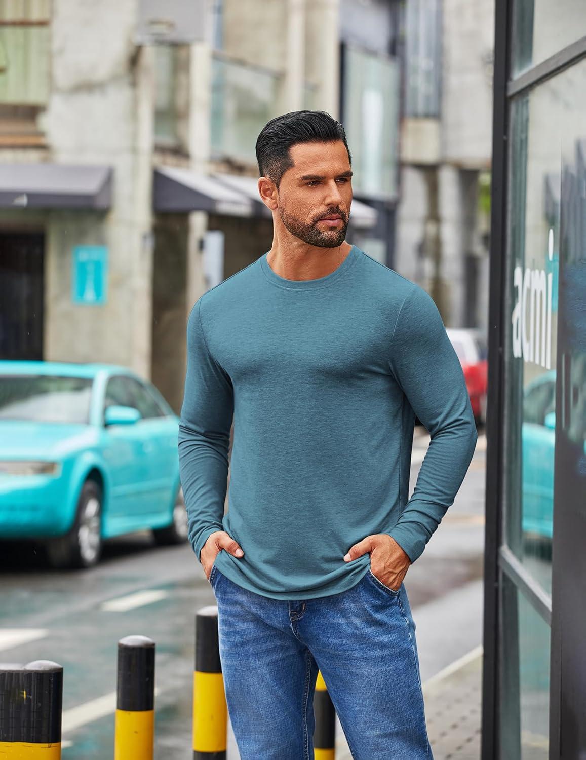 imageCOOFANDY Mens Crew Neck TShirt Long Sleeve Casual Pullover Tees Soft Stretch Basic Tee ShirtsDemin Blue