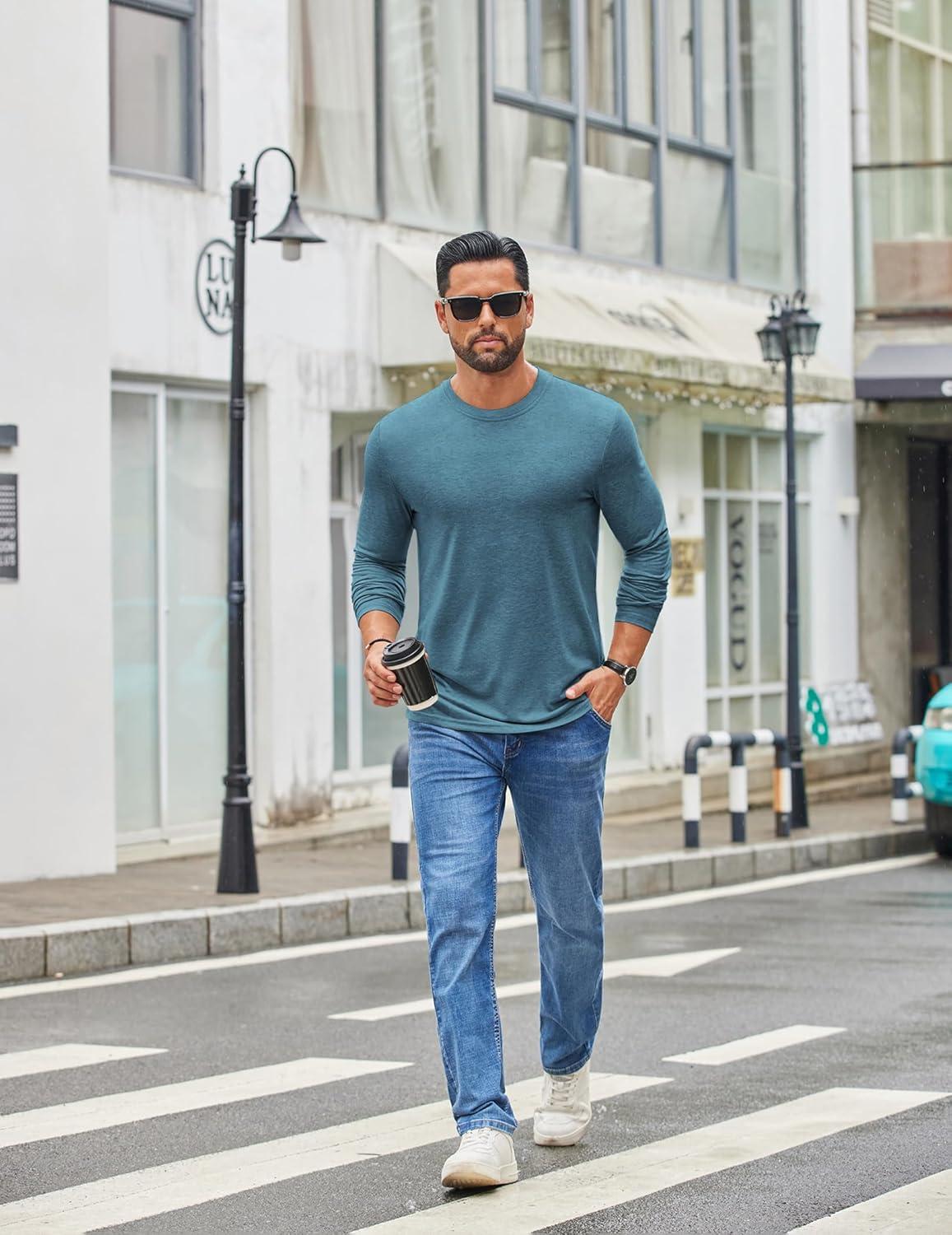 imageCOOFANDY Mens Crew Neck TShirt Long Sleeve Casual Pullover Tees Soft Stretch Basic Tee ShirtsDemin Blue