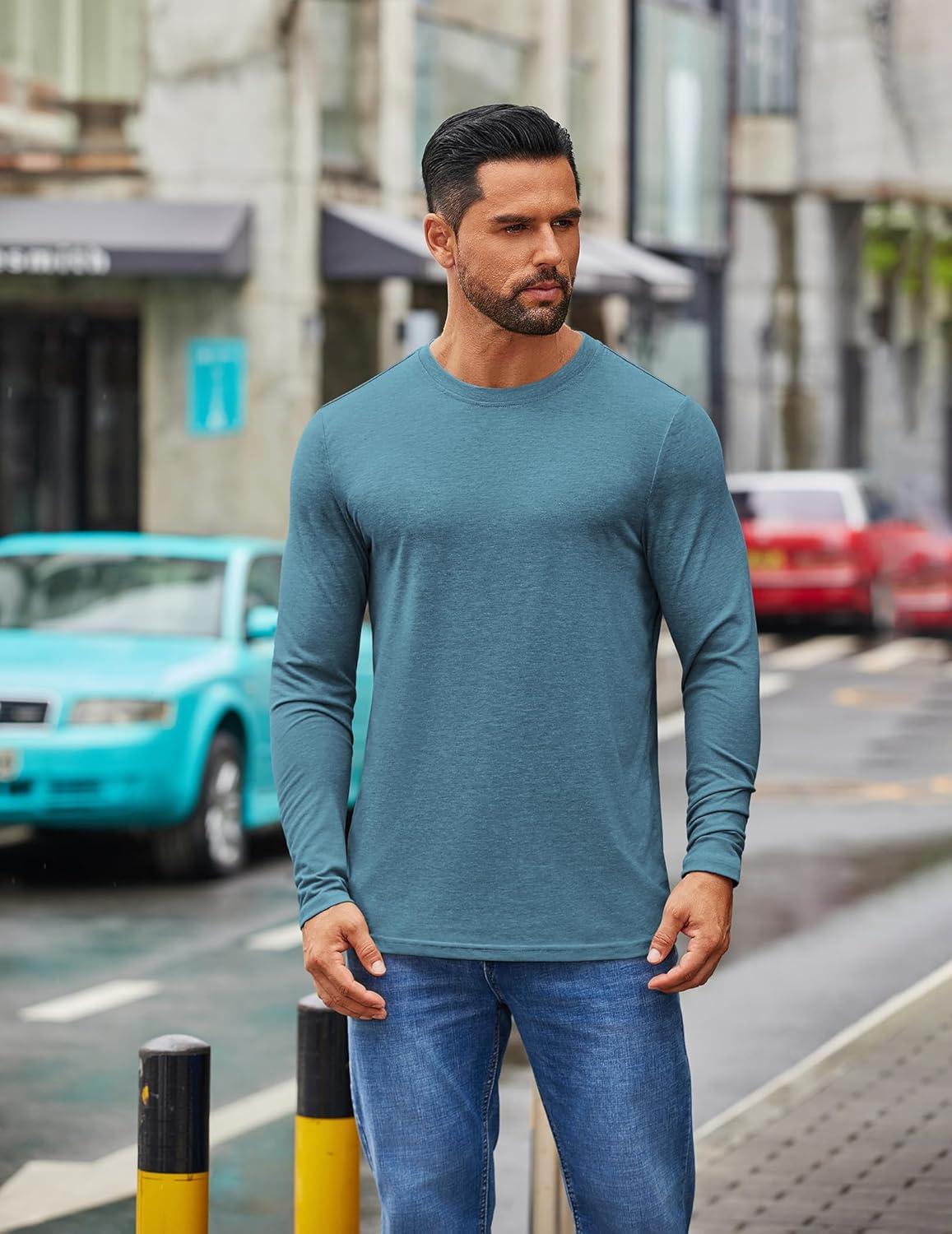 imageCOOFANDY Mens Crew Neck TShirt Long Sleeve Casual Pullover Tees Soft Stretch Basic Tee ShirtsDemin Blue