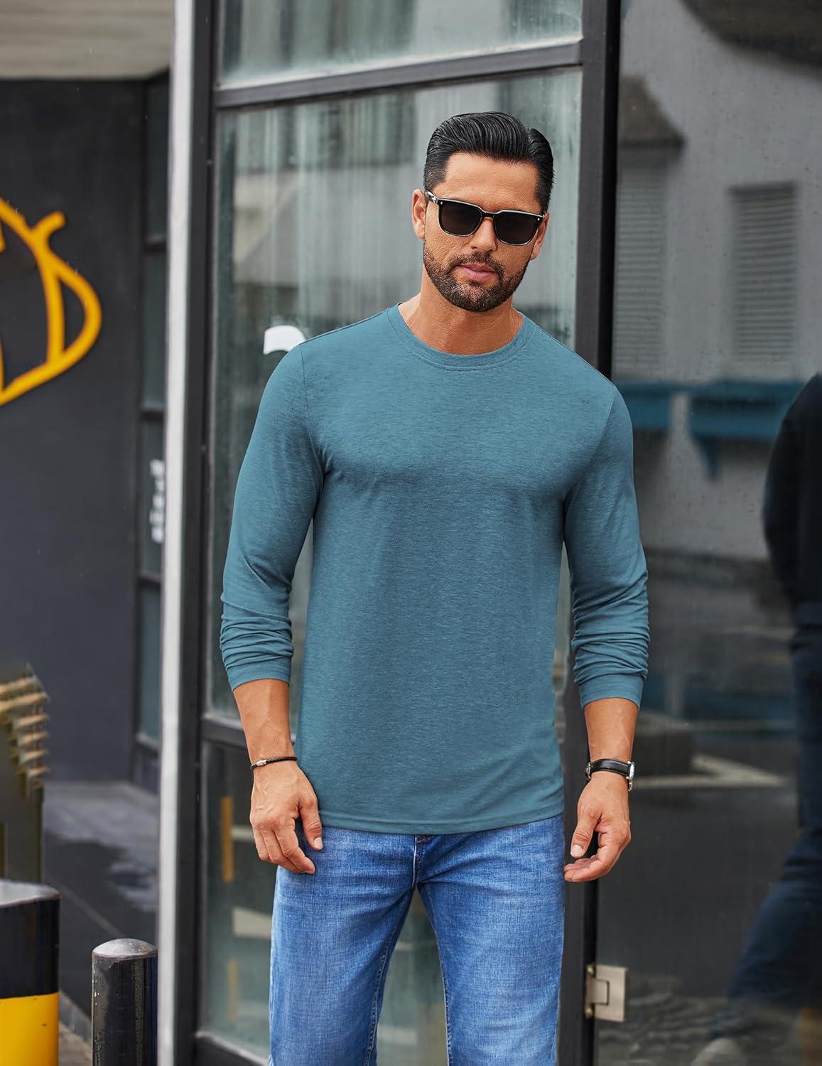 imageCOOFANDY Mens Crew Neck TShirt Long Sleeve Casual Pullover Tees Soft Stretch Basic Tee ShirtsDemin Blue